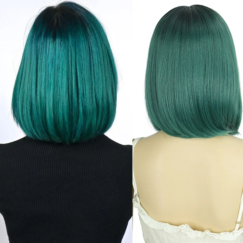 

DI FEI cosplay synthetic lace front wig short bob straight with tail curls 13 "dark green wig for black women cosplay wig