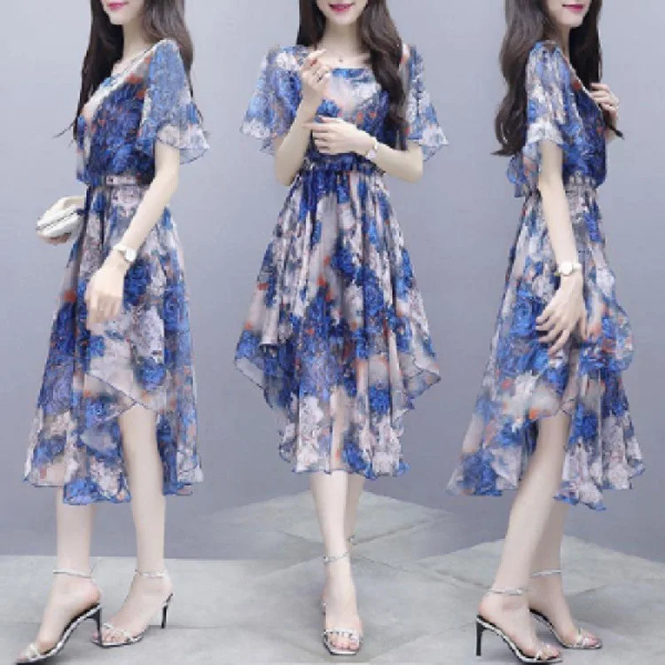 

2020 Summer New Style Dress Women's V-neck Korean-style Mid-length Slimming Elegant Thin Large Size Floral-Print A- line Skirt F