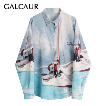 

GALCAUR Korean Print Hit Color Women's Shirt Lapel Collar Long Sleeve Large Size Loose Blouse Female Spring Fashion 2020 New