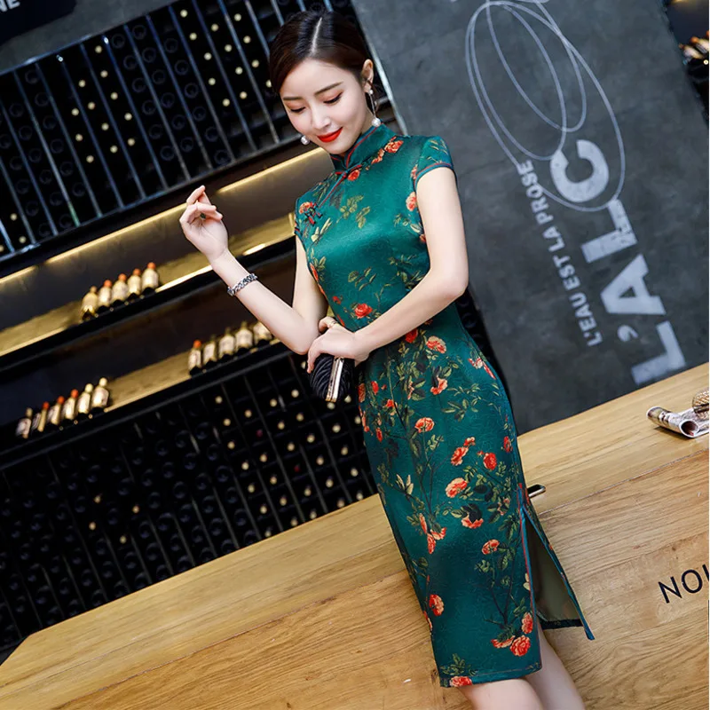 Женские красивые китайские Qipao платья Drak зеленые цветы Традиционные вечерние Qi Pao шоу Ципао для банкета Современные вечерние платья