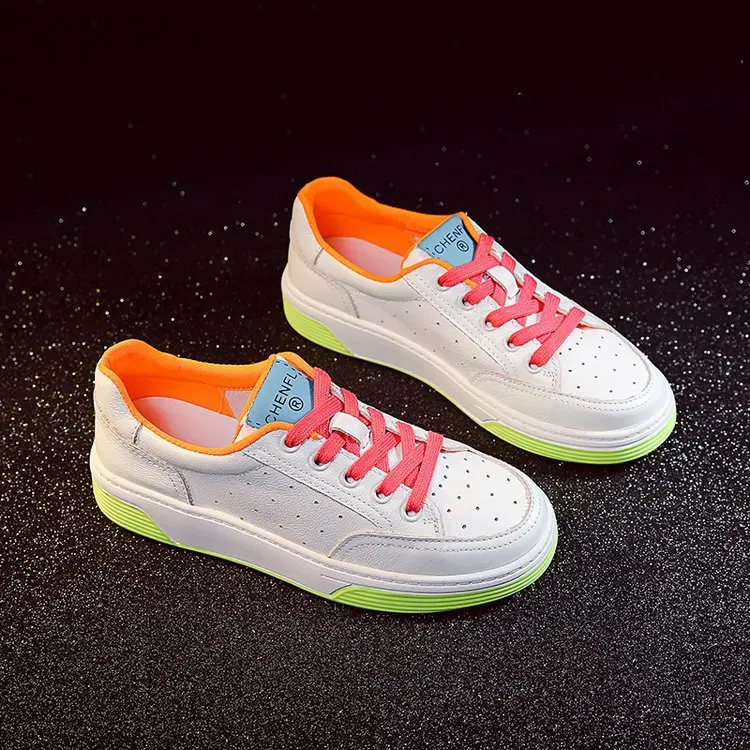 

Женские туфли на шнуровке, повседневная обувь на платформе, яркие белые, флуоресцентные цвета, Ранняя весна
