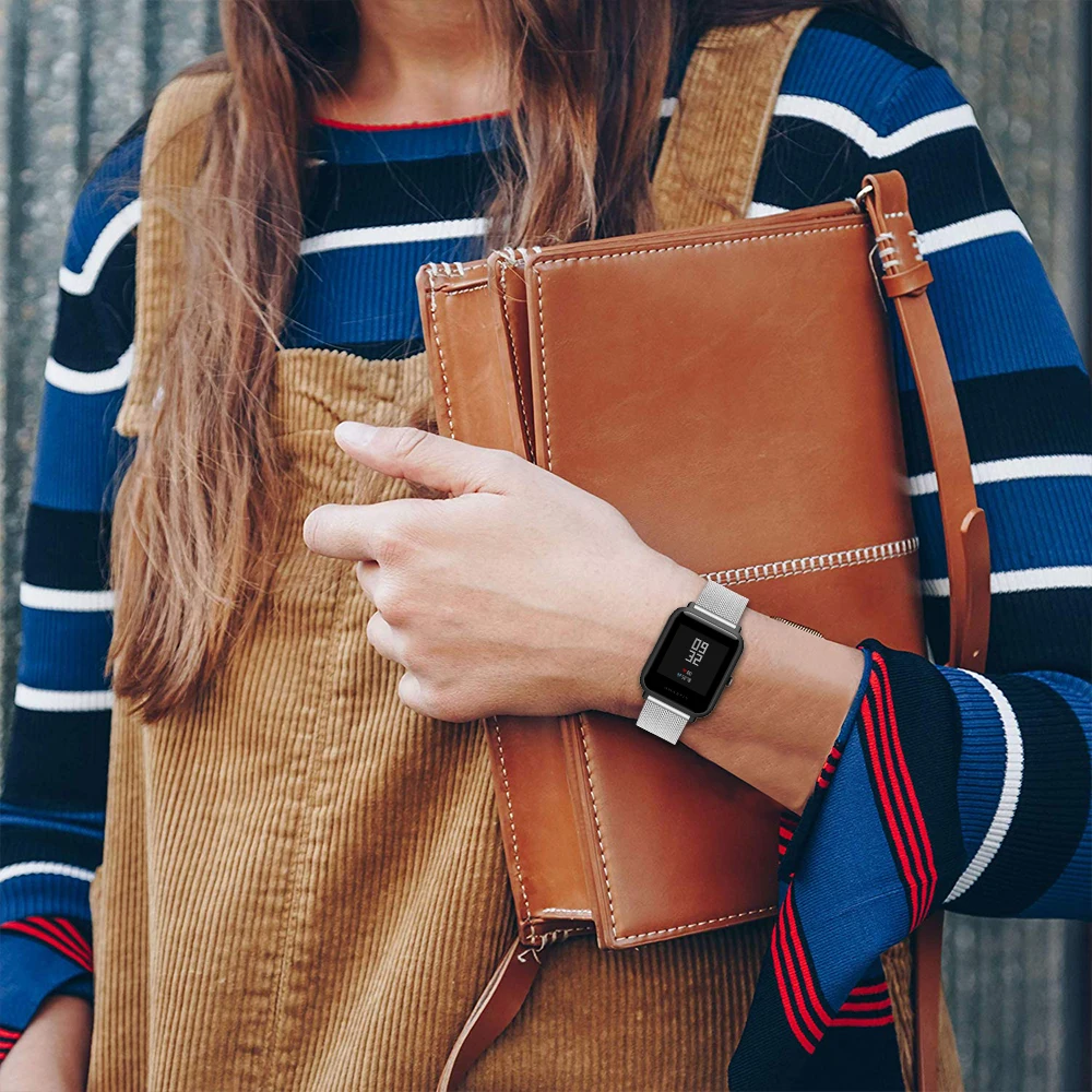 Snap Button Milanese Metal Watchband For Xiaomi Huami Amazfit Bip Stainless Steel Slide Fastener Watch Band Wristband Strap