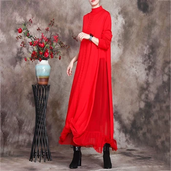 

[EWQ] Dress Women Solid Long Length Office Lady Loose Elegant Full Sleeve Stand Collar 2020 Spring Autumn New Fashion Tide GD246
