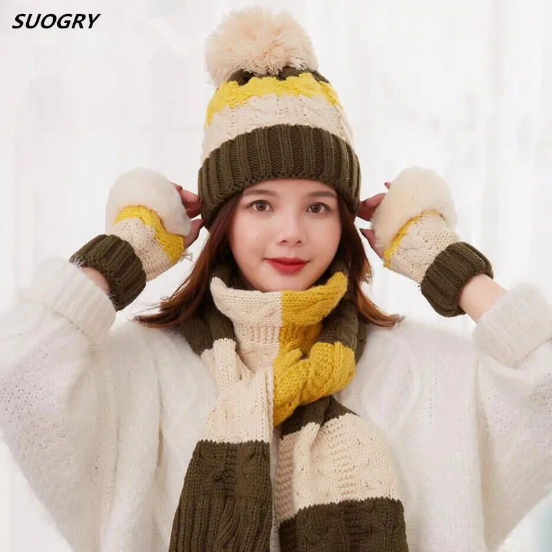 

SUOGRY Dropshipping 3 pieces Women Hat Scarf and Glove Sets Winter Knitted Fur Hat Winter Scarf Cap Knitting Warm Thick Gloves f