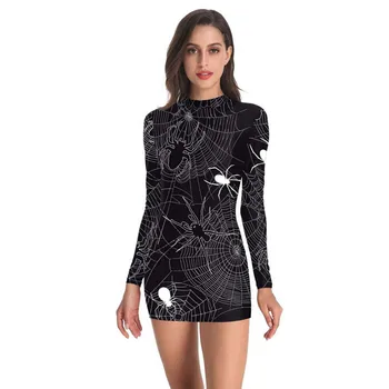 

FASHION Dresses For Women Punk Halloween Print Cold Shoulder Long Sleeve Dress vestidos slim gifts autumn wear creative design