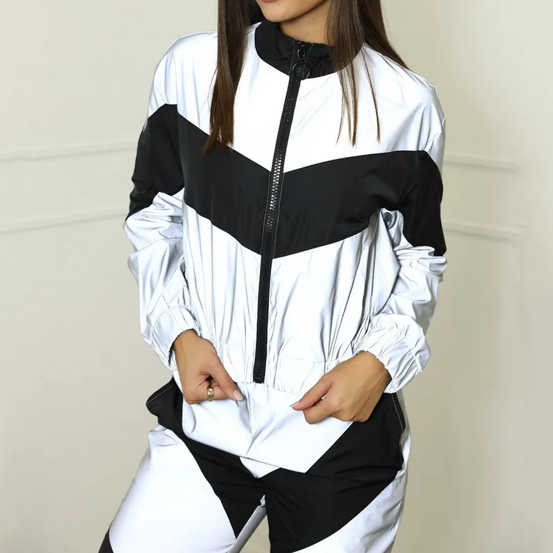 

PUIMENTIUA Women Tracksuit 2 Piece Set Reflective Zip Crop Top Pant Windbreaker Female Loose Glow Jacket Trouser Plus Size 2019