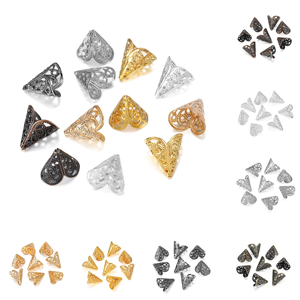 

50pcs 16x16mm Metal Charms Filigree Flower Shape Cone Bead Cap Ancient Pendant For Jewelry Making DIY Earring Supplies Wholesale