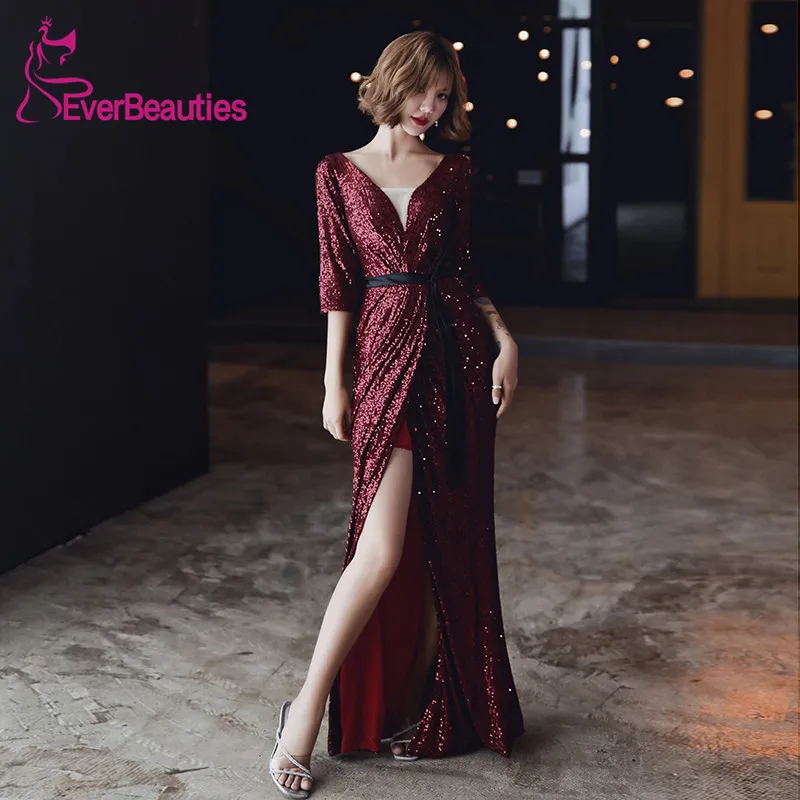 as picture Vestidos De Gala, длинные рукава, платья для выпускного вечера со стразами, Длинные, с разрезом сбоку, Robe De Soiree, v-образный вырез, Vestido Formatura - Цвет: as picture