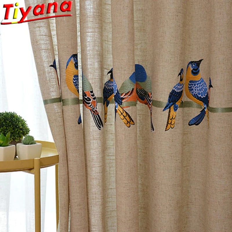 Embroidered Birds Curtains Tulle For Living Room Linen Fabric Curtains