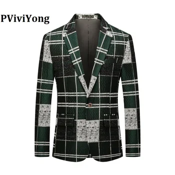 

PViviYong Brand 2020 high quality Men's suit top，banquet party men Blazer Cotton color matching grid suit jacket men coat 603