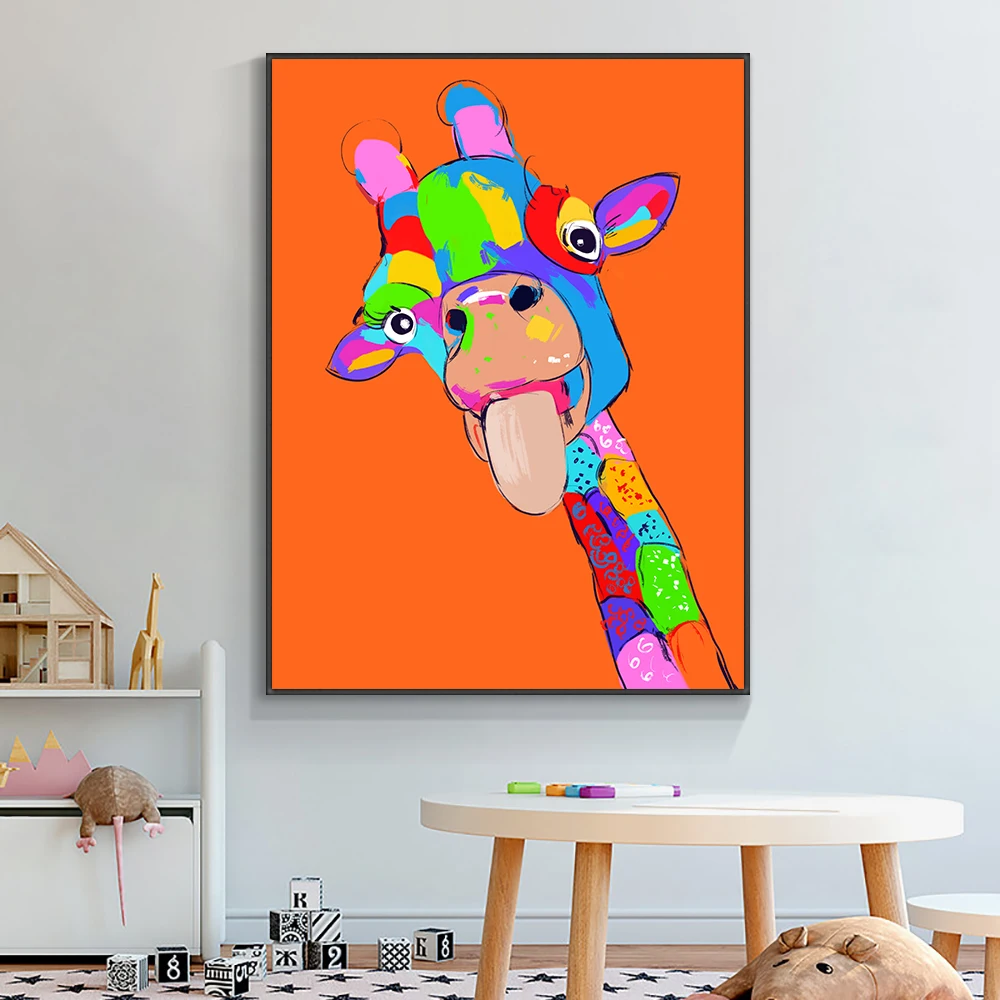 

YIQING Abstract Colorful Giraffe Oil Painting Orange Background 100% Hand Painted Animal Canvas Wall Art For Kid's Room Decor