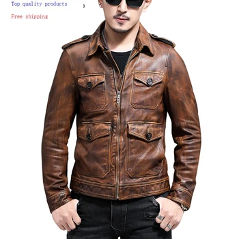 

Genuine Leather Jacket Men Real Sheepskin Coat Vintage Slim Fit Short Autumn Motorcycle Men Leather Jackets YC-55 KJ3216