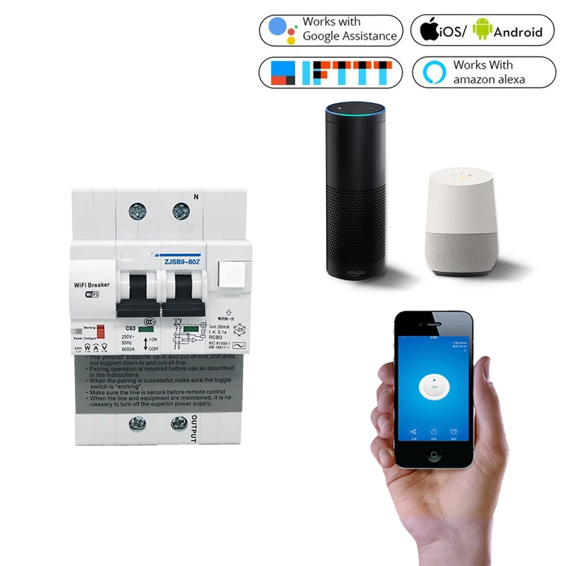 EWeLink WiFi MCB Disjoncteur Intelligent 1P 2P 63A Commutateur Compteur D'énergie Minuterie Relais KWh Tension Courant Protecteur Télécommande