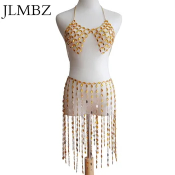 

JLMBZ Colored Handmade Resin Crystal Stitching Bra Sexy Body Chain Set Night Club Bikini Fringed Waist Chain Ethnic Bijoux