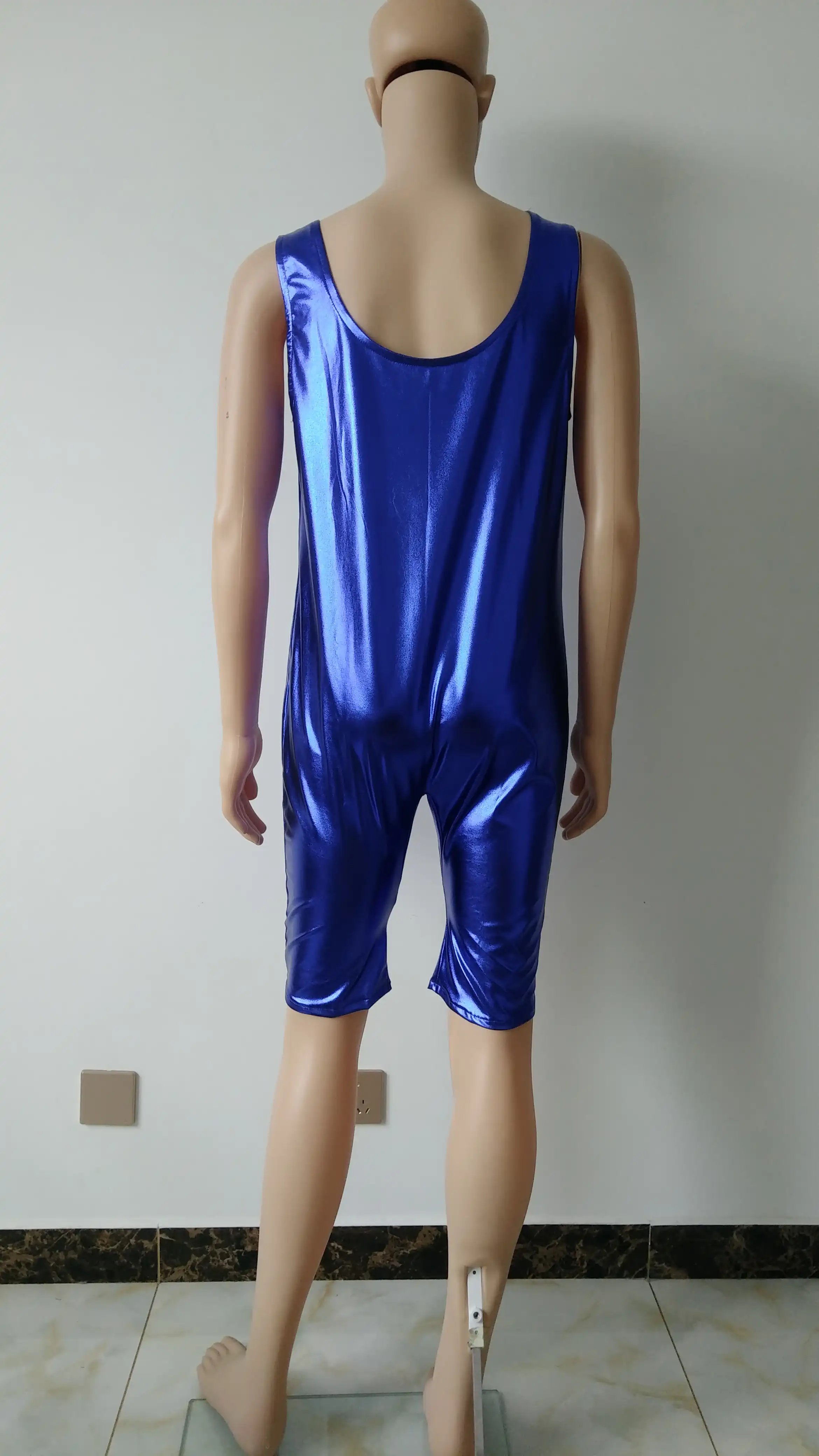 Брендовая популярная мужская майка короткий черный блестящий металлик Zentai Catsuit