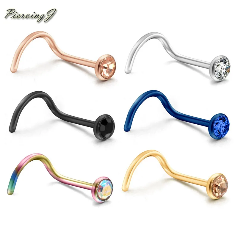 PiercingJ 6pcs Mixed colors Unisex Stainless Steel Nose Ring with Zircon Nose Piercing Jewelry