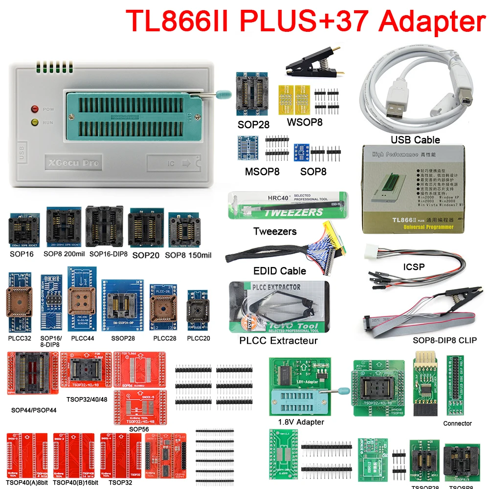 Más V10.8 TL866II Plus Universal minipro programador TL866 nand flash AVR foto Bios PROGRAMADOR USB + 37 Uds adaptadores