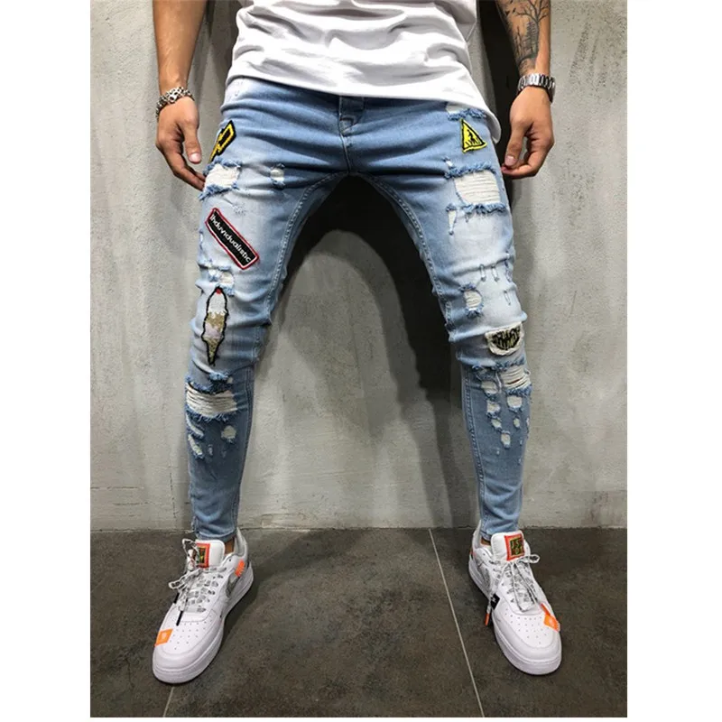 Light blue Новинка, модные мужские рваные джинсы с вышивкой, хип-хоп облегающие мужские джинсы, повседневные рваные джинсы - Цвет: Light blue