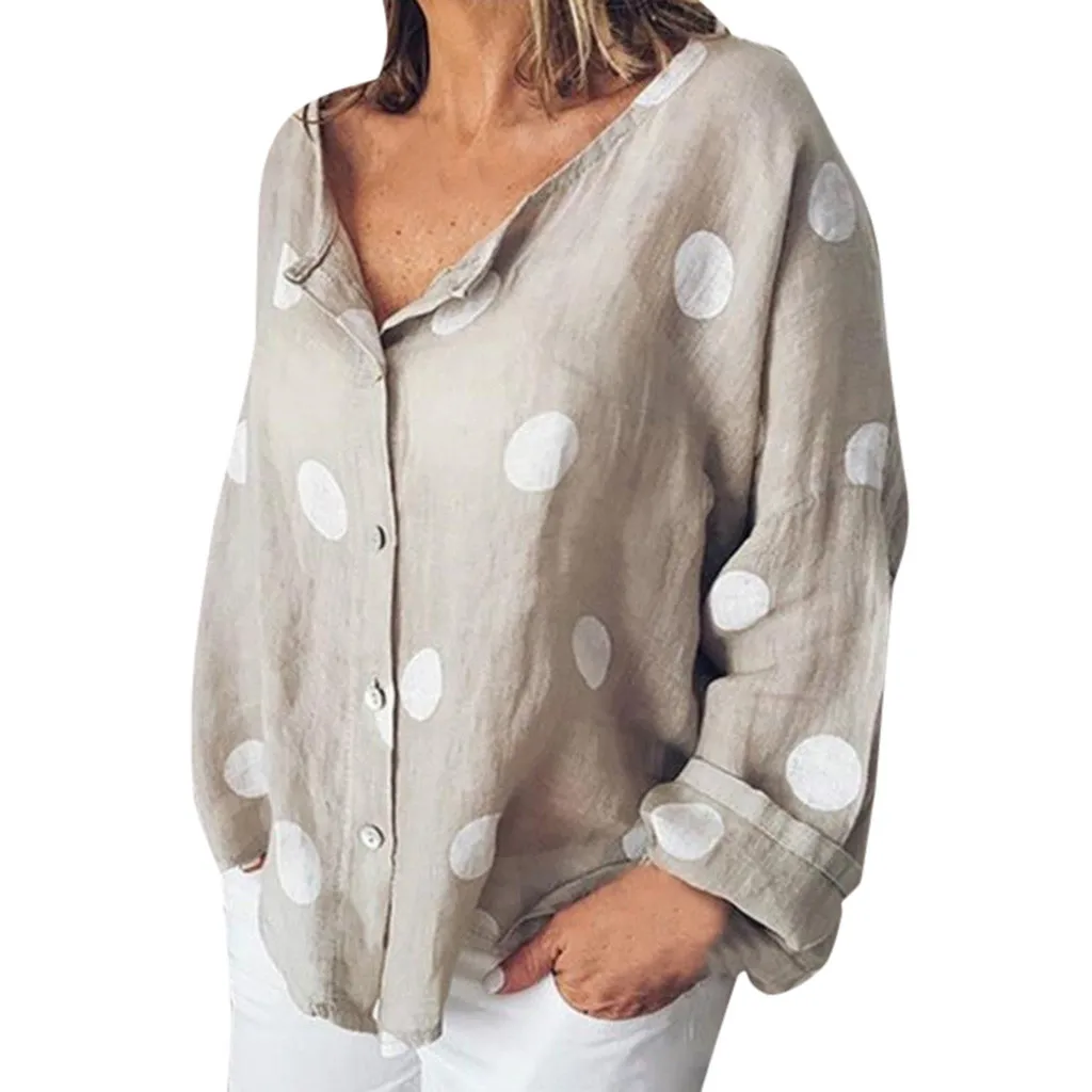 

Casual Women Blouse Loose Long Sleeve Dots print Shirts Women autumn Button Collar Blouses large Size clothes