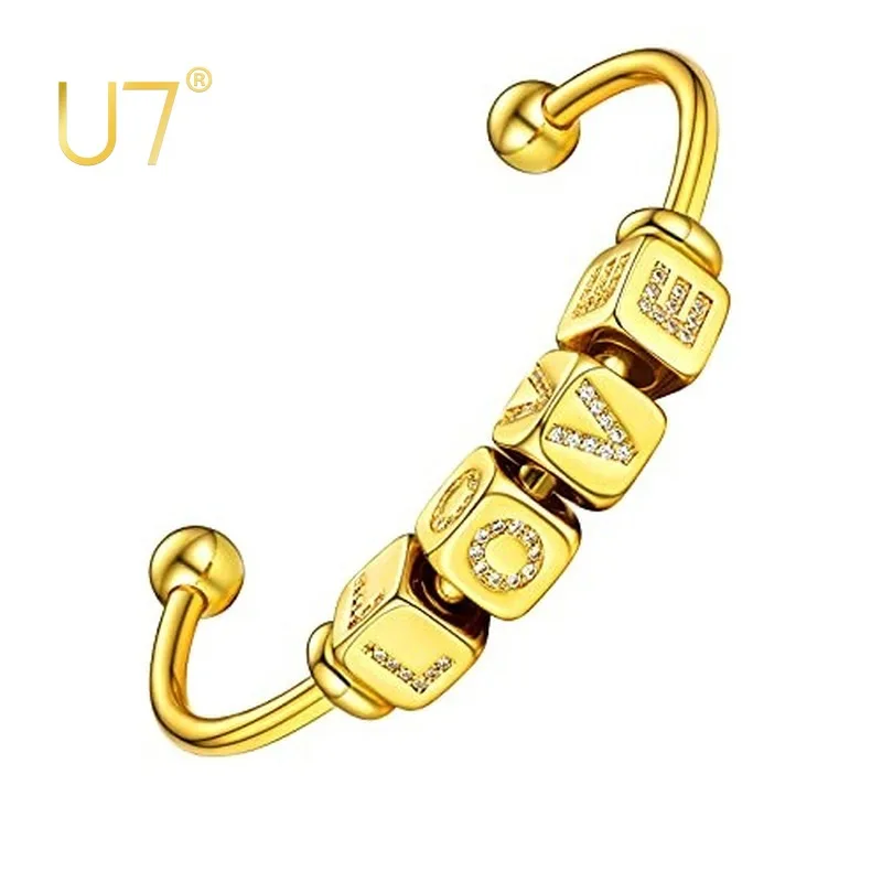 U7 Girls Cuff Bracelet Gold Color Bangle with Custom 3D Initial Beads Wrods Torque Bracelets