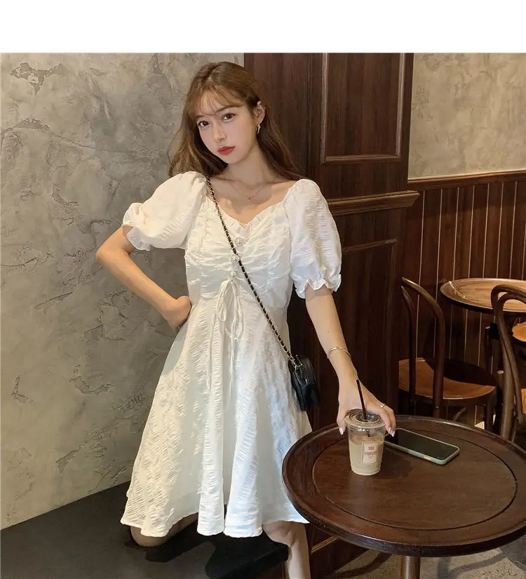 Dresses Women Solid Puff Sleeve Lace-up A-line High Waist Ruched Casual Chic Korean Style Gentle Simple Knee-length Female Lady party dresses for women