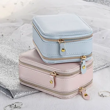 

Double Layer Zipper Jewelry Storage Box Lady Earrings Ring Storage Container Protable Earrings Ring Lipstick Necklace Organizer
