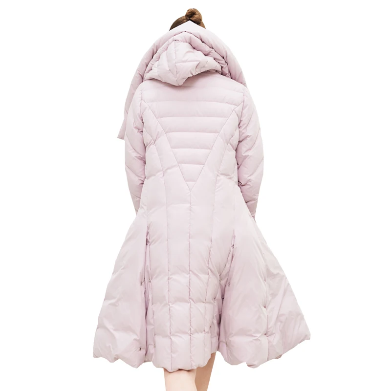 INKEO  Luxury Winter Women Pleated Down Jacket Elegant Skirt Type 90% White Duck Down Coat Female Thick Overcoat Pink O688