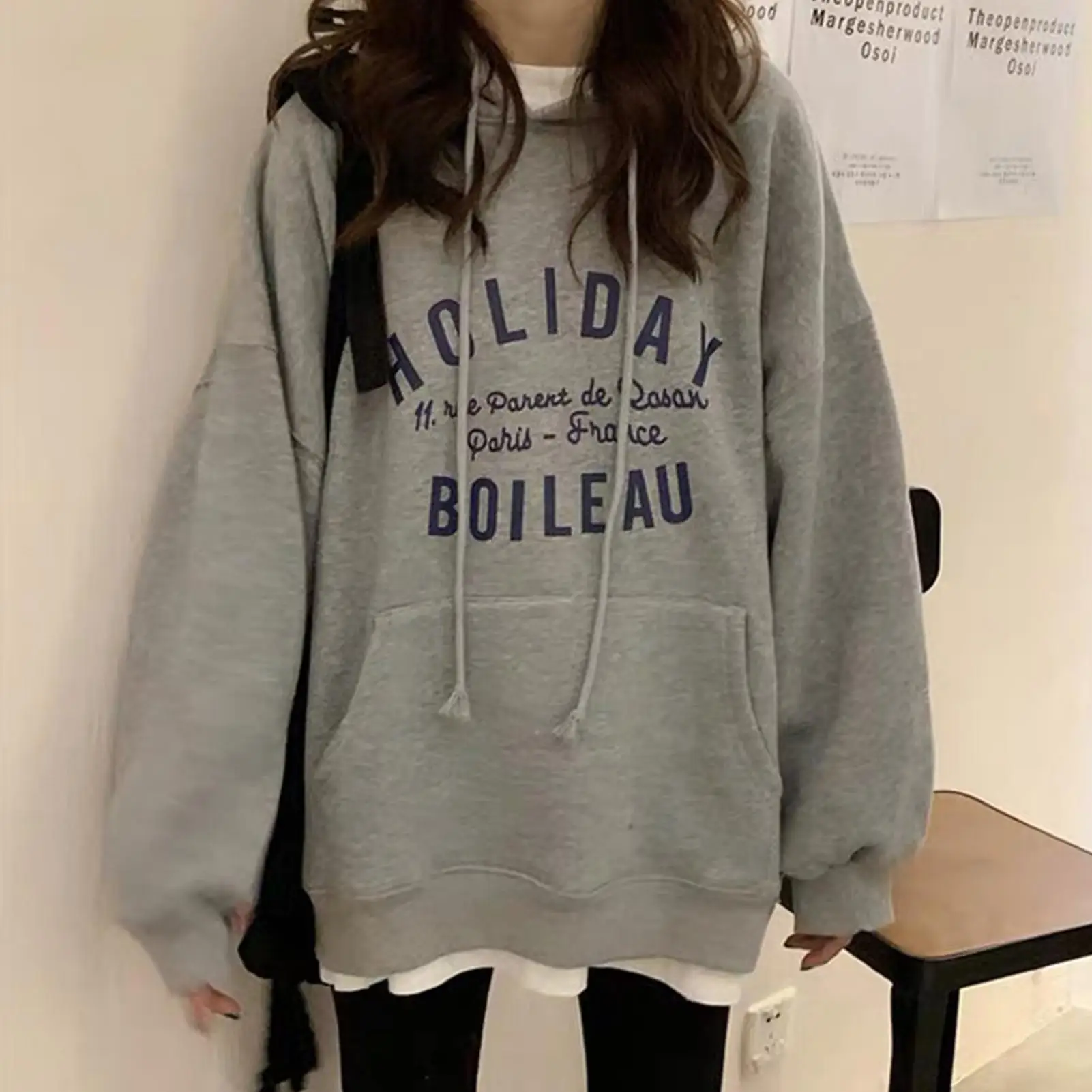 

Letter Print Sweatshirt Vintage Women Hoodies Gray Warm Winter Pullovers 2020 Autumn New Casual Streetwear Girls
