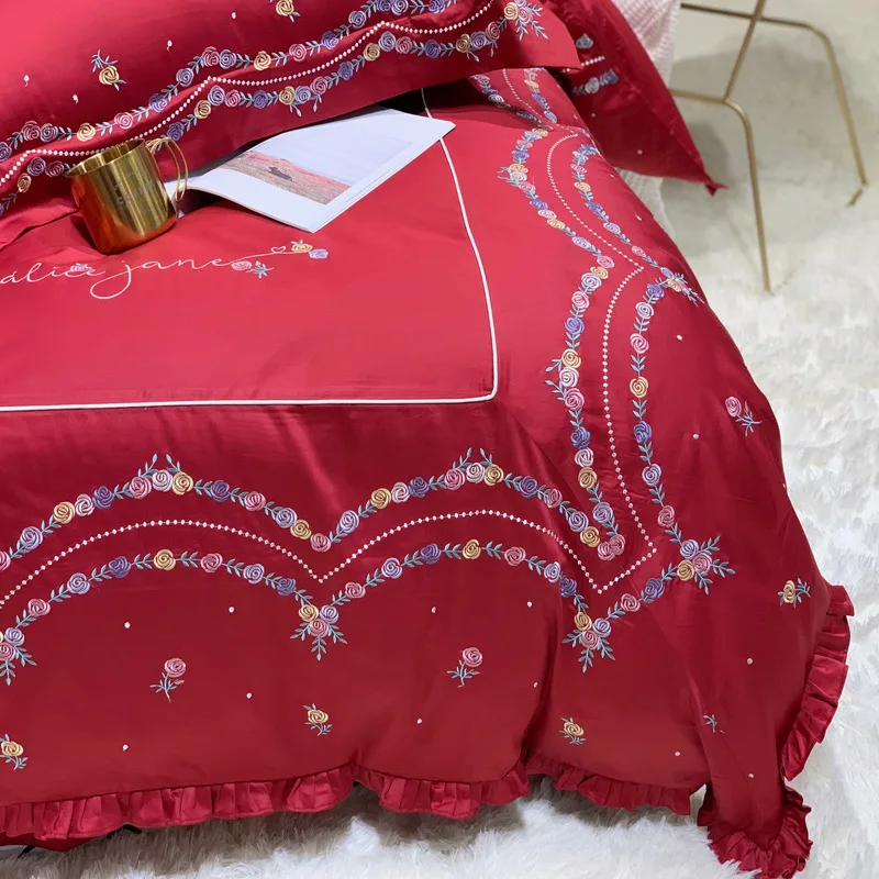 Китайский красный Troditional набор свадебного постельного белья 4 шт. чистый хлопок, домашний текстиль для новых пар кровать Артикул мода простыня пододеяльник
