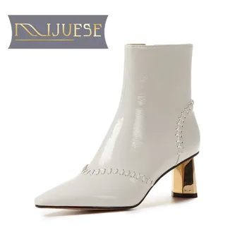 

MLJUESE 2021 women Ankle boots Patent Leather Winter short plush Square Toe Zipper High heels female boots size 40