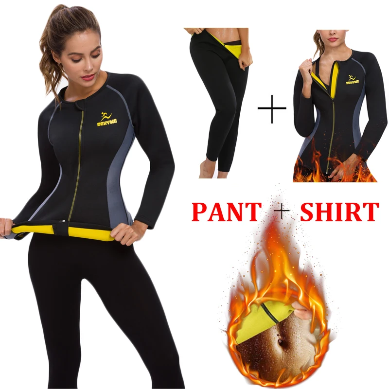 SEXYWG Sports Set Long Sleeve Shirt + Legging Neoprene Sauna Suit Body Shaper Women Yoga Pant Waist Trainer Shapewear Tracksuits