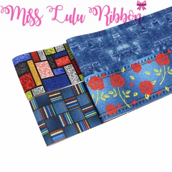 

16mm-75mm Jeans Series Red Rose Hole Denim Printed Grosgrain/Foe Ribbon Geometric DIY Hair Bowknots 50yards/roll