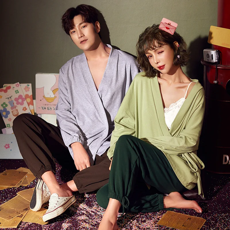 Spring Men's and Women's 100% Cotton Gauze Pajamas Sets Retro V-neck Pijama Kimono Suit Couple Sleepwear Nightly Home Clothing