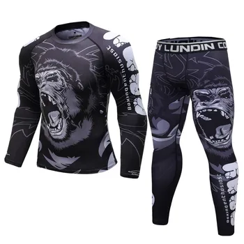 

New boxing set compression jersey pants 3D orangutan print rashguard kickboxing tight T-shirts pants muay thai MMA fightwear