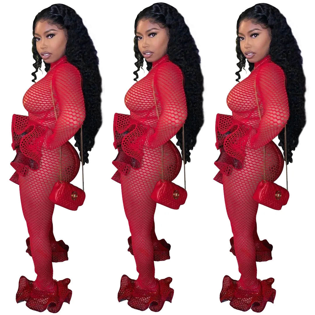 HAOYUAN Sexy Fishnet Sheer Rompers Womens Jumpsuit Long Sleeve Bodycon Overalls Festival Clothing Fall Club One Piece Jumpsuit