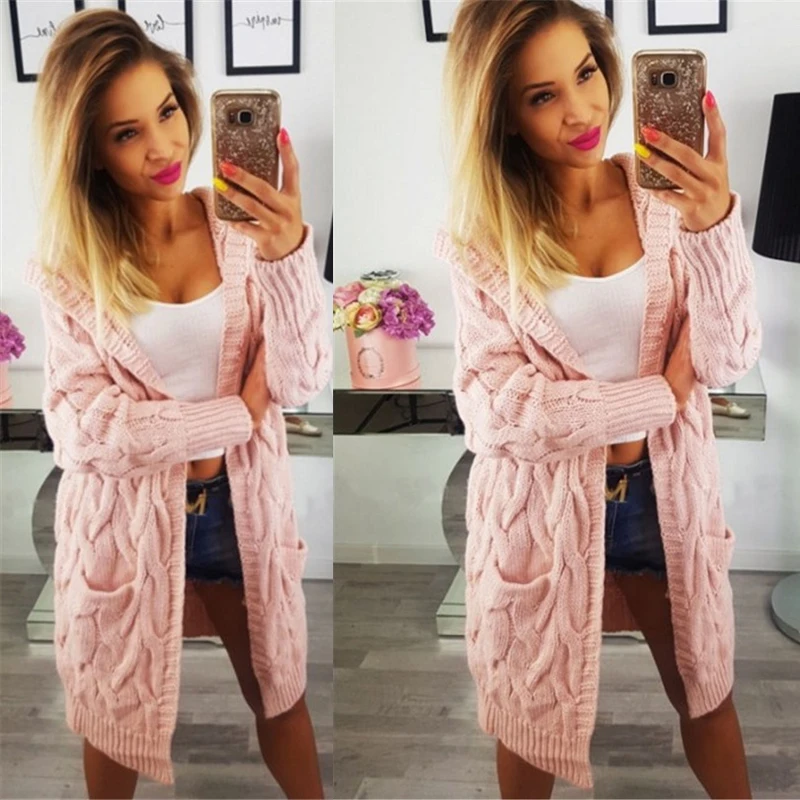 Winter Sweater Long Sleeves Cardigan Knitted Sweater Long Casual Hooded Pink Sweater Pockets Solid Open Stitch Thick Sweaters Winter Sweater Long Sleeves Cardigan Knitted Sweater Long Casual Hooded Pink Sweater Pockets Solid Open Stitch Thick Sweaters