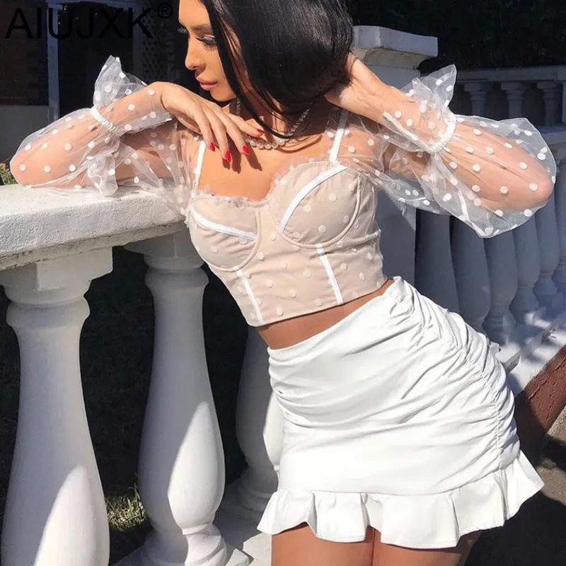 

AIUJXK Autumn 2019 Women Mesh Patchwork Transparent T Shirt Fashion Dot Crop Tops Female Sexy Casual Long Sleeve Tshirt Clothes