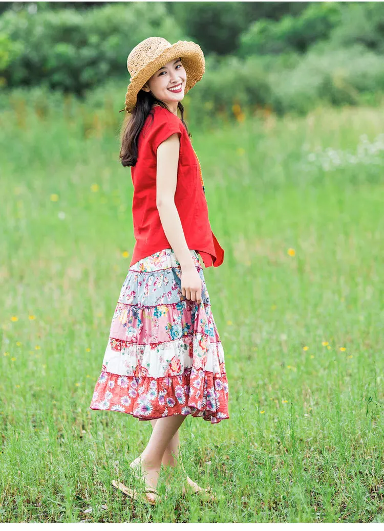 National Wind WOMEN'S Dress Summer Printed Skirt zhi pai Origional Elastic Waist Joint Big Skirt Holiday Trip Shoot Full Skirt