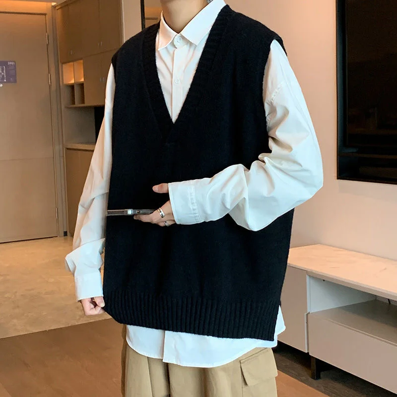 Black Gray White V-neck Sweater Vest Menu0026#39;s Fashion Casual Knitted  Pullover Men Korean Loose Sleeveless Sweater Mens Clothes - Sweater Vest -  AliExpress