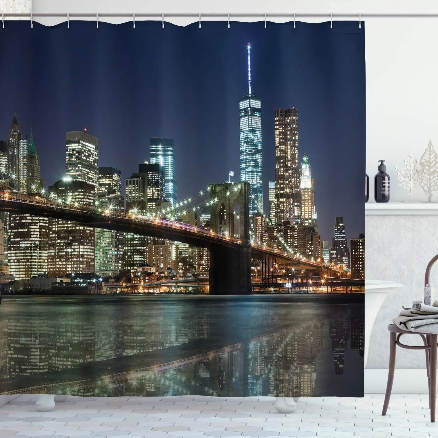 

New York Shower Curtain Bath Decorations, NYC New York City Skyline Brooklyn Bridge Night View Panoramic Photography, Bathroom