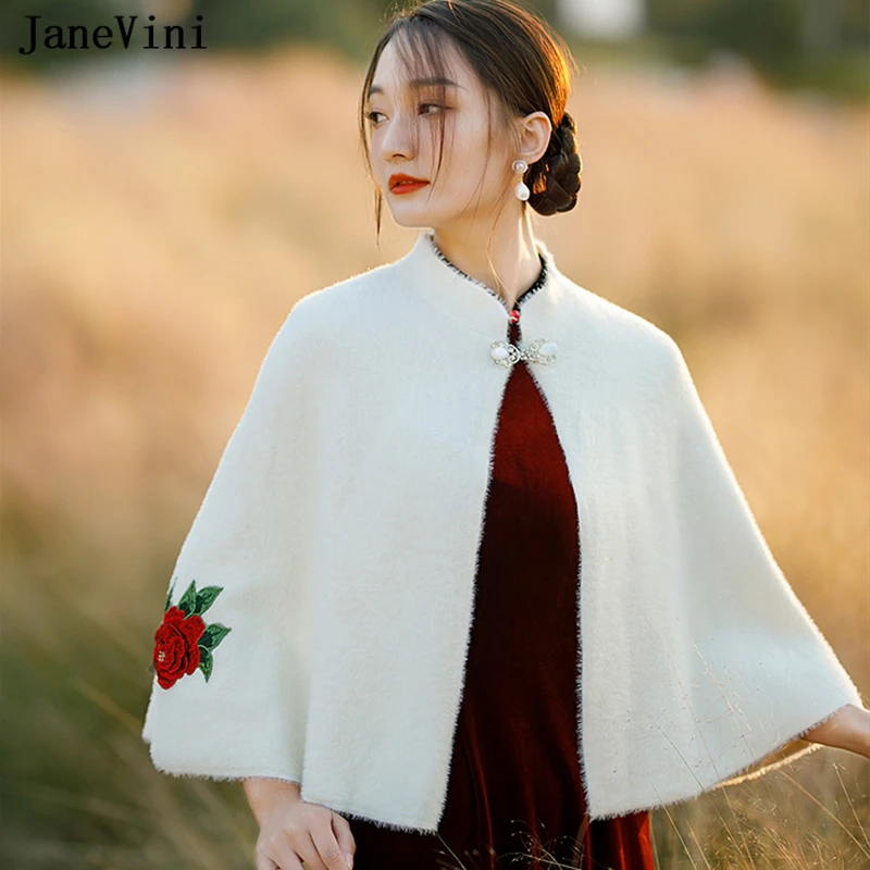 JaneVini 2021 Red/Ivory Wedding Fur Bolero Winter Bridal Cape Faux Fur Shawls Wraps Women Claok Jacket Evening Party Accessories