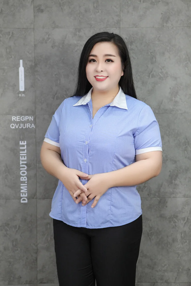 Ropa mujer talla grande 4xl 5xl 6xl женские блузки летняя блузка с отложным воротником синие рубашки в полоску с коротким рукавом J943
