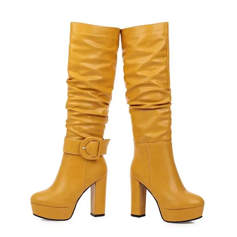 ORCHA LISA Pointed Toe Square Thick Heels Platform Women Knee Boots Pull On Big Bukle Pleated Boots Big size 32-46 Autumn Casual