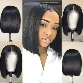 

Indian Straight Lace Front Human Hair Wigs Short Bob Wig With Baby Hair Natural Hairline Lace Wig Full End Remy Hair