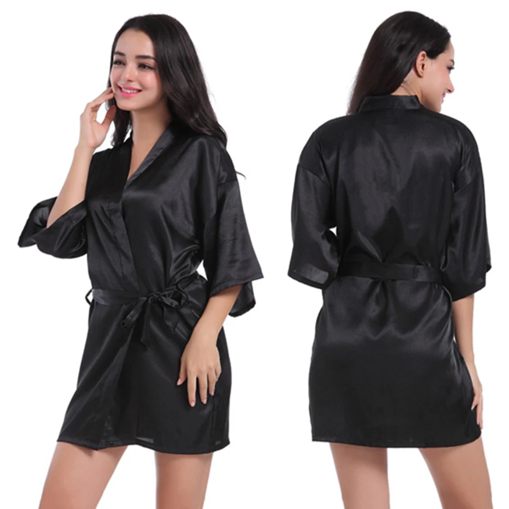 Sexy Satin Night Robe Lace Patchwork Bathrobe Perfect Wedding Bride Bridesmaid Robes Solid Color Dressing Gown Sleepwear