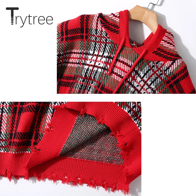 Trytree осенне-зимний женский Повседневный свитер с капюшоном, клетчатые пуловеры из полиэстера, вязаный свитер с кисточками и длинным рукавом, топы