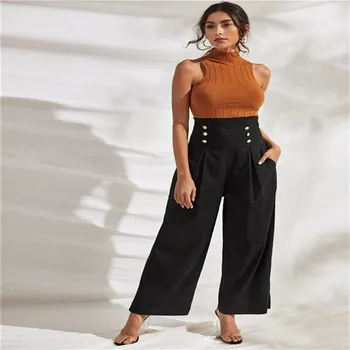 

Palazzo Womens Summer Flared Wide Leg Pants High Waist Loose Culottes Button Decor Long Trousers Baggy Pleated Solid Color Pants