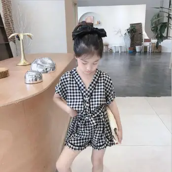 

2020 New Arrival Baby Girls 2 PCS Plaid Set blouse+bow shorts Summer Kids Girls Suits 1-6 Years