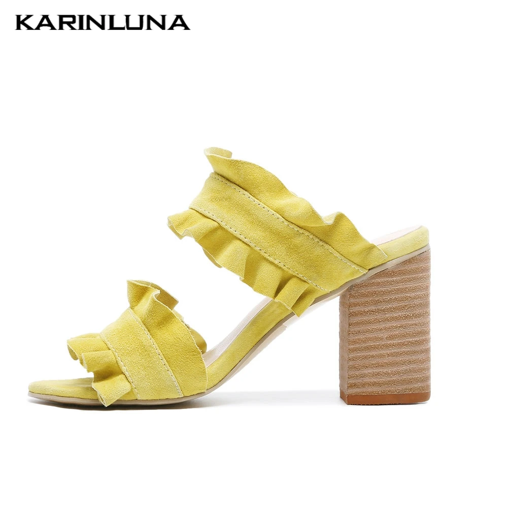 

Karinluna 2019 Fashion Brand Ruffles Plus Size Party Mules Summer Woman Shoes Kid Suede Leather High Heels Shoes Women Sandals