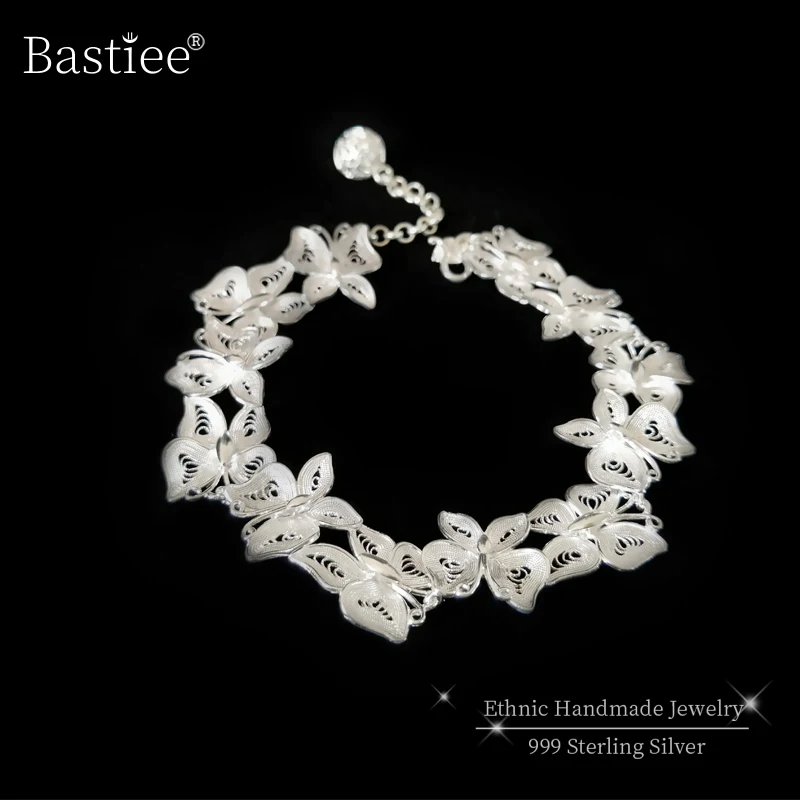 Женский браслет с бабочкой из стерлингового серебра 999 пробы, браслеты ручной работы для женщин, роскошные ювелирные изделия в винтажном этническом стиле, ручная цепочка на руку